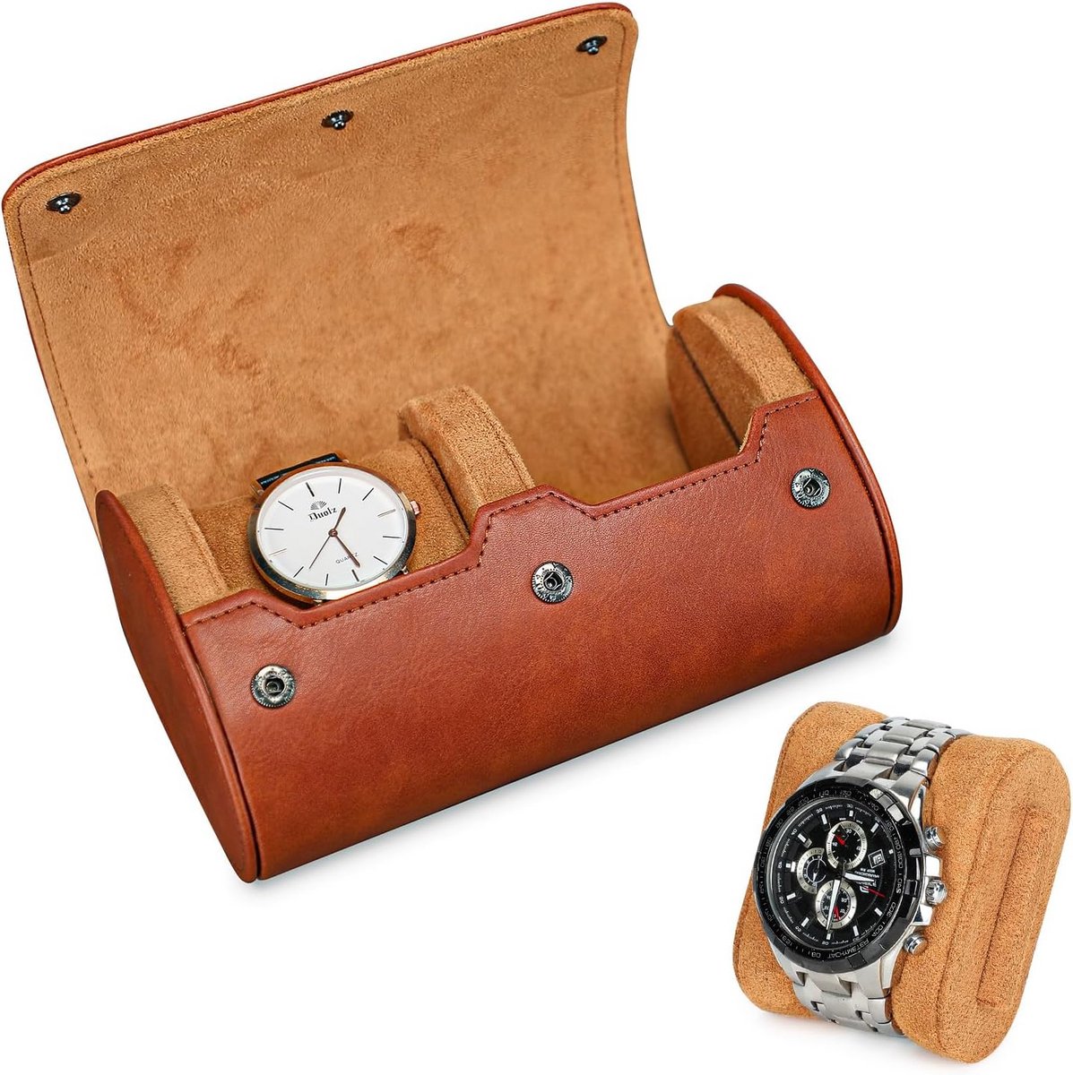 Luxe Reisetui Horlogebox voor 1 Horloge - Vintage Bruine Roll met Zachte Kussens