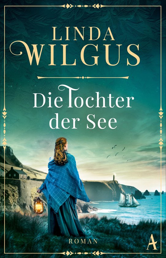 Boekhoes met vrouw met lantaarn, kijkend naar de zee, met de titel "Die Tochter der See" door Linda Wilgus.
