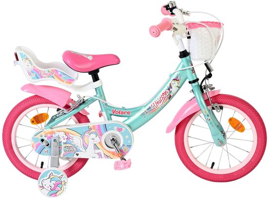Mintgroene kinderfiets met roze banden, mandje en poppenzitje. Unicorn-thema met eenhoorns en regenboog.