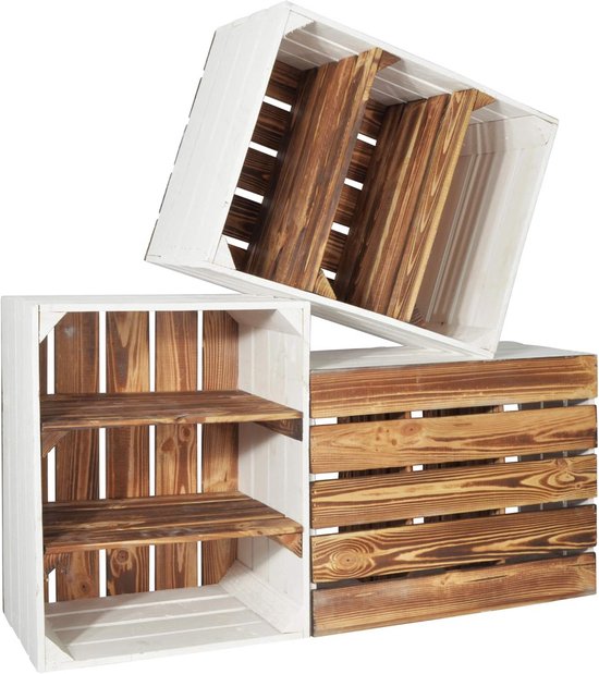 Teramico Set van 3 houten kisten, wijnkist, fruitkist, gevlamd, 40 cm x 30 cm x 25 cm, met tussenbodem, als rek en decoratie, set van 3 losse bodems