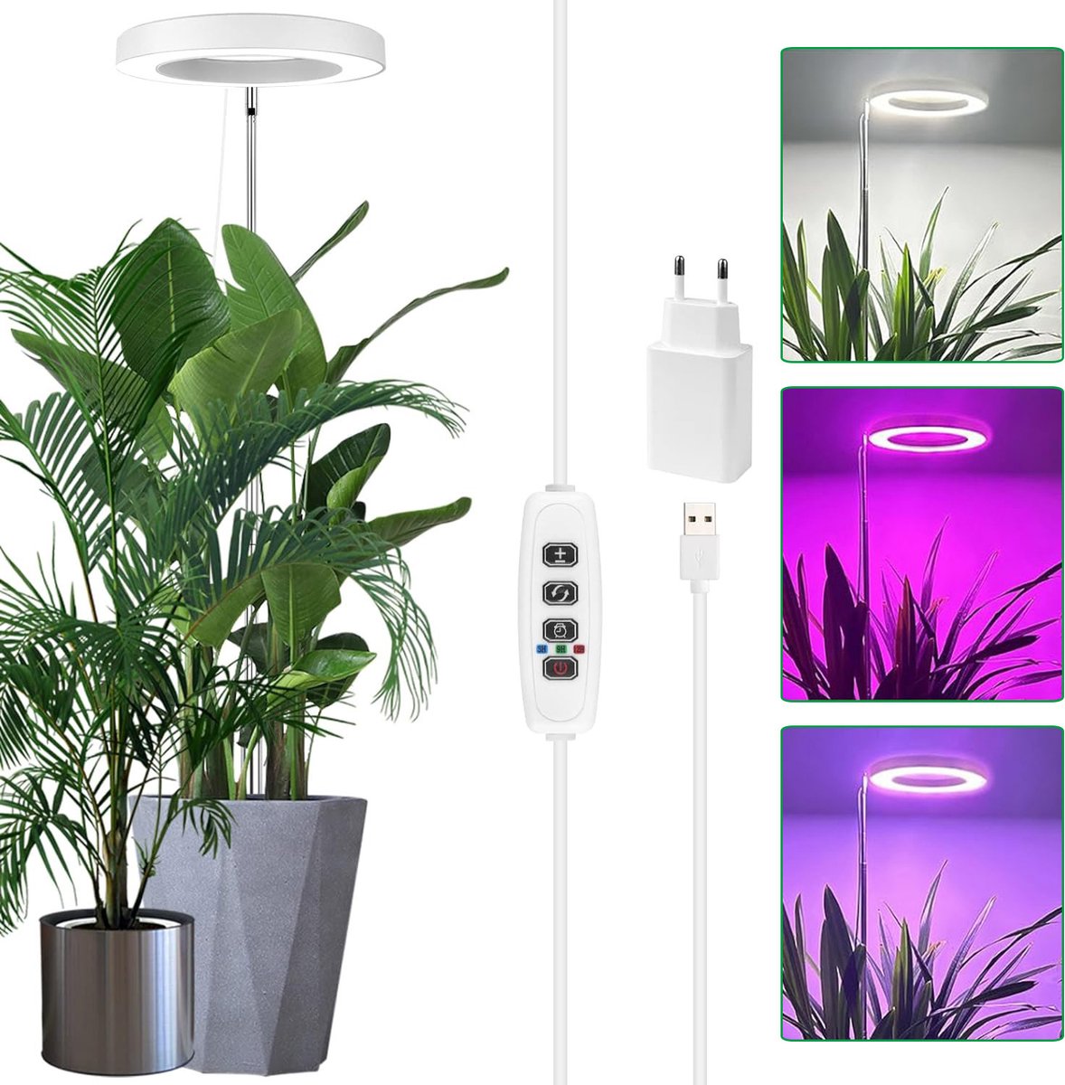 MUPOO Groeilamp Planten – Kweeklamp LED Full Spectrum 72 LED’s – Wit, USB + EU Adapter 10W – Verstelbare Hoogte 35-155cm – Met Timer 3/9/12H & 9 Dimbare Helderheidsniveaus – Voor Binnenplanten, Zaailingen & Grote Planten