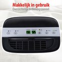 Close-up van het bedieningspaneel van een witte Alpina luchtontvochtiger met LED display.