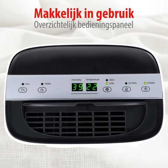 Close-up van het bedieningspaneel van een witte Alpina luchtontvochtiger met LED display.