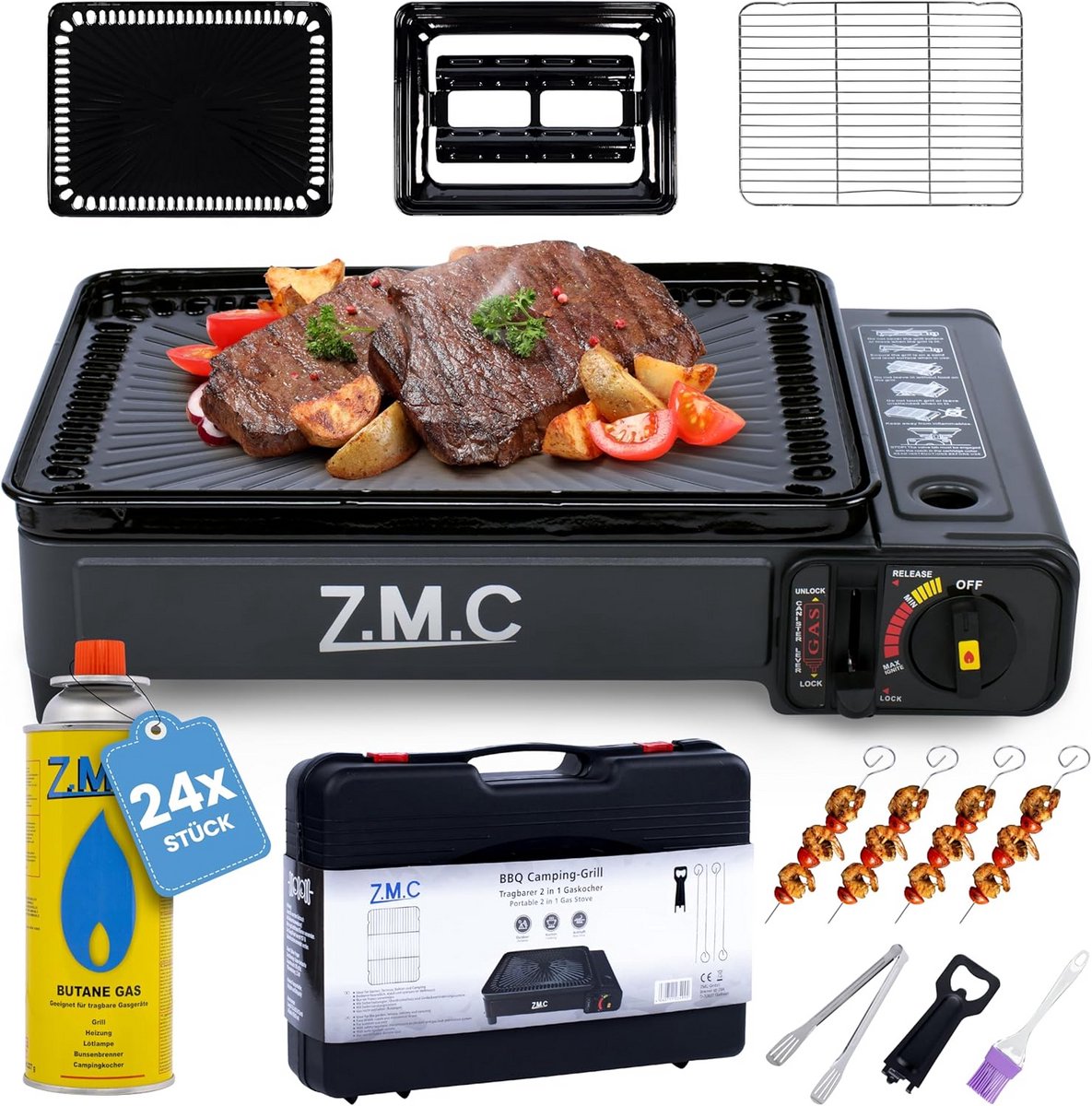Draagbaar Campingkooktoestel en Gasgrill 2-in-1 met Grillaccessoires en Koffer + 24 Gaspatronen - Ideaal voor Balkon en Kampeeruitjes