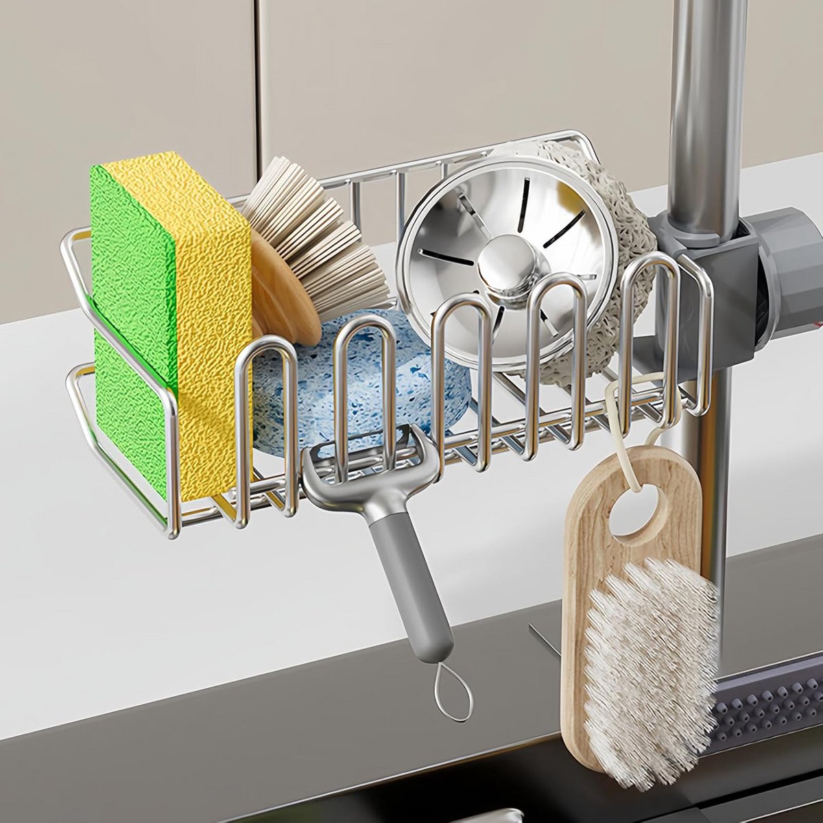 RVS Sponshouder Keuken & Badkamer - Afneembare Gootsteen Organizer voor Zeep en Schotel