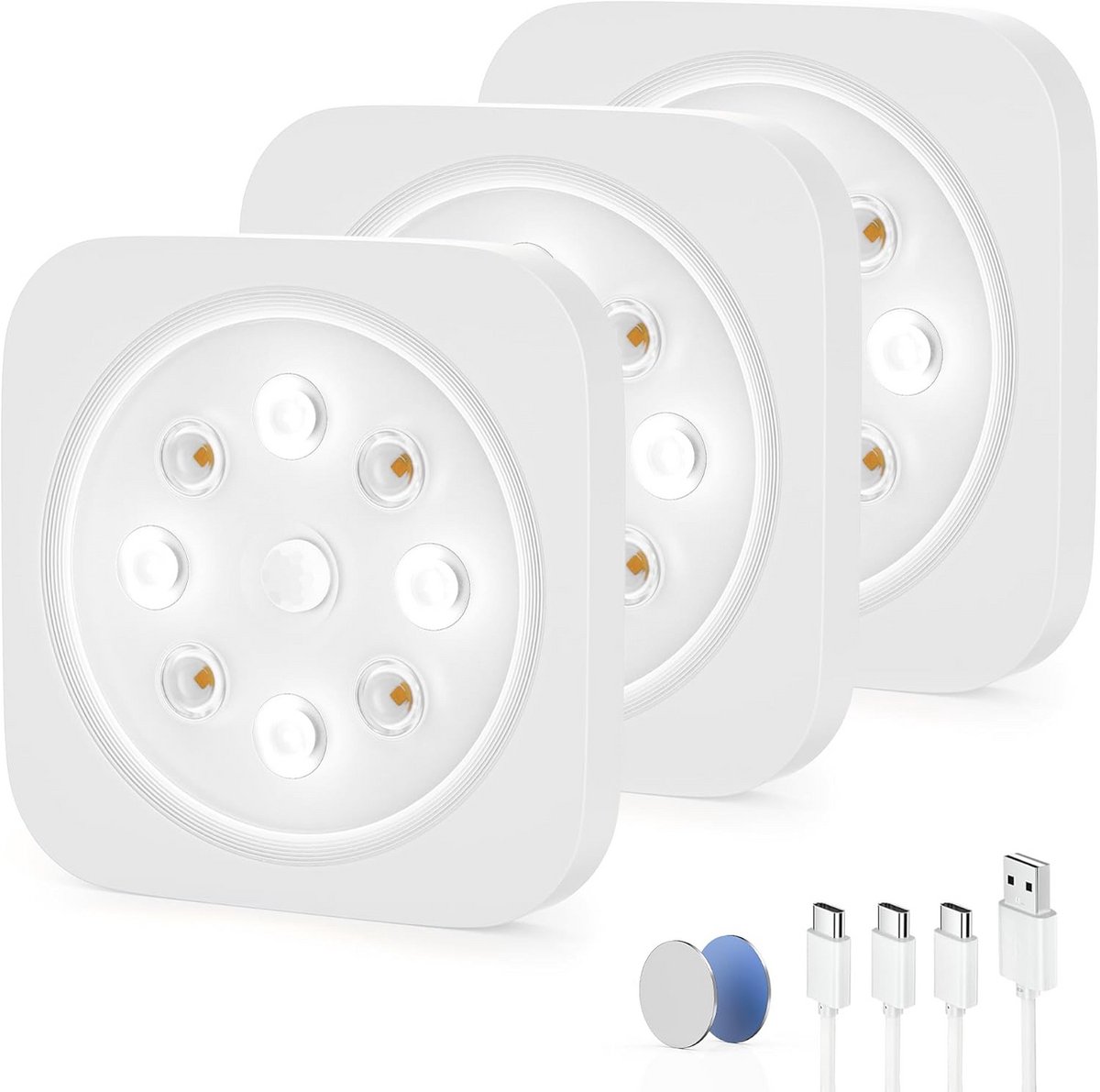 Oplaadbare Led-kastlamp met Bewegingsmelder - Draadloos Nachtlampje voor Binnen - 1200 mAh, 6500 K - Set van 3