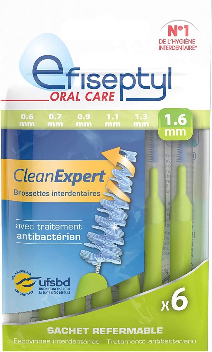 Interdentale Borstels 1,6mm - Antibacteriële Behandeling - Zak met 6 Borstels
