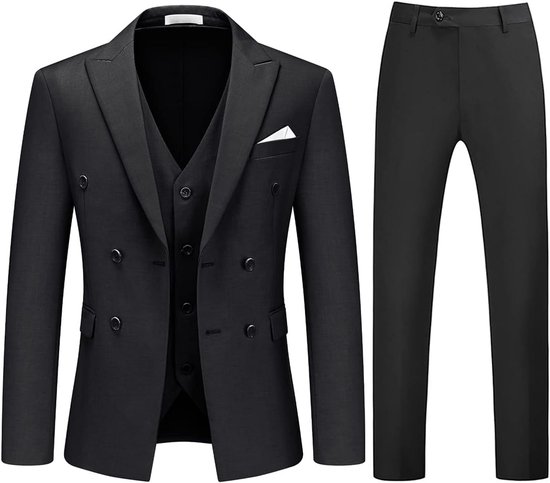 Compleet zwart 3-delig kostuum: colbert, gilet en broek. Colbert is dubbel geverstoeld.