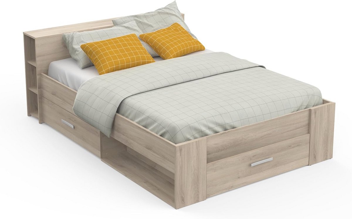 Bed met opbergruimte 140x190 cm - Eigentijdse stijl met 3 laden in eiken