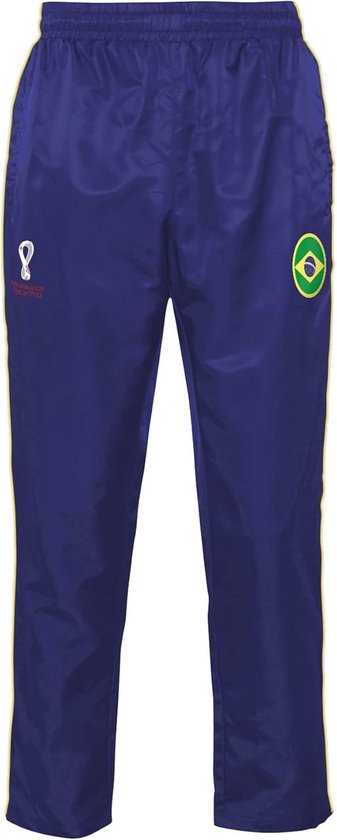 Paarse trainingsbroek met gele strepen, FIFA World Cup Qatar 2022 logo en Brazilië-embleem.