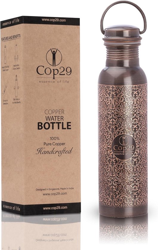 Puur koperen waterfles bloempatroon met handgreep ± 950 ml - Koper