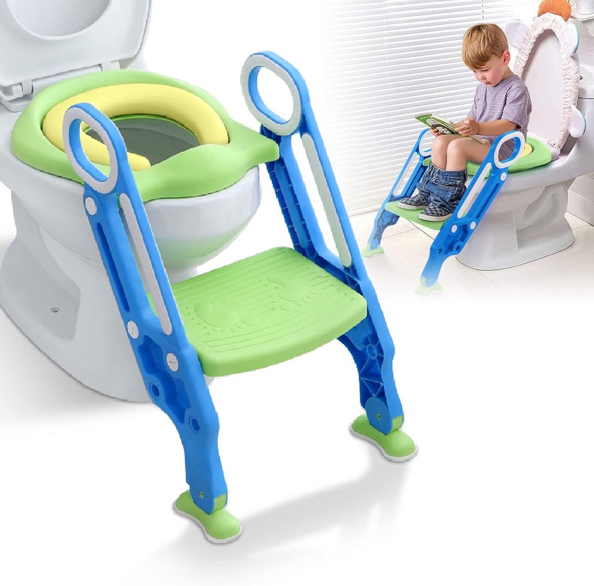 Opvouwbare toilettrainer voor kinderen met verstelbare ladder en handgrepen