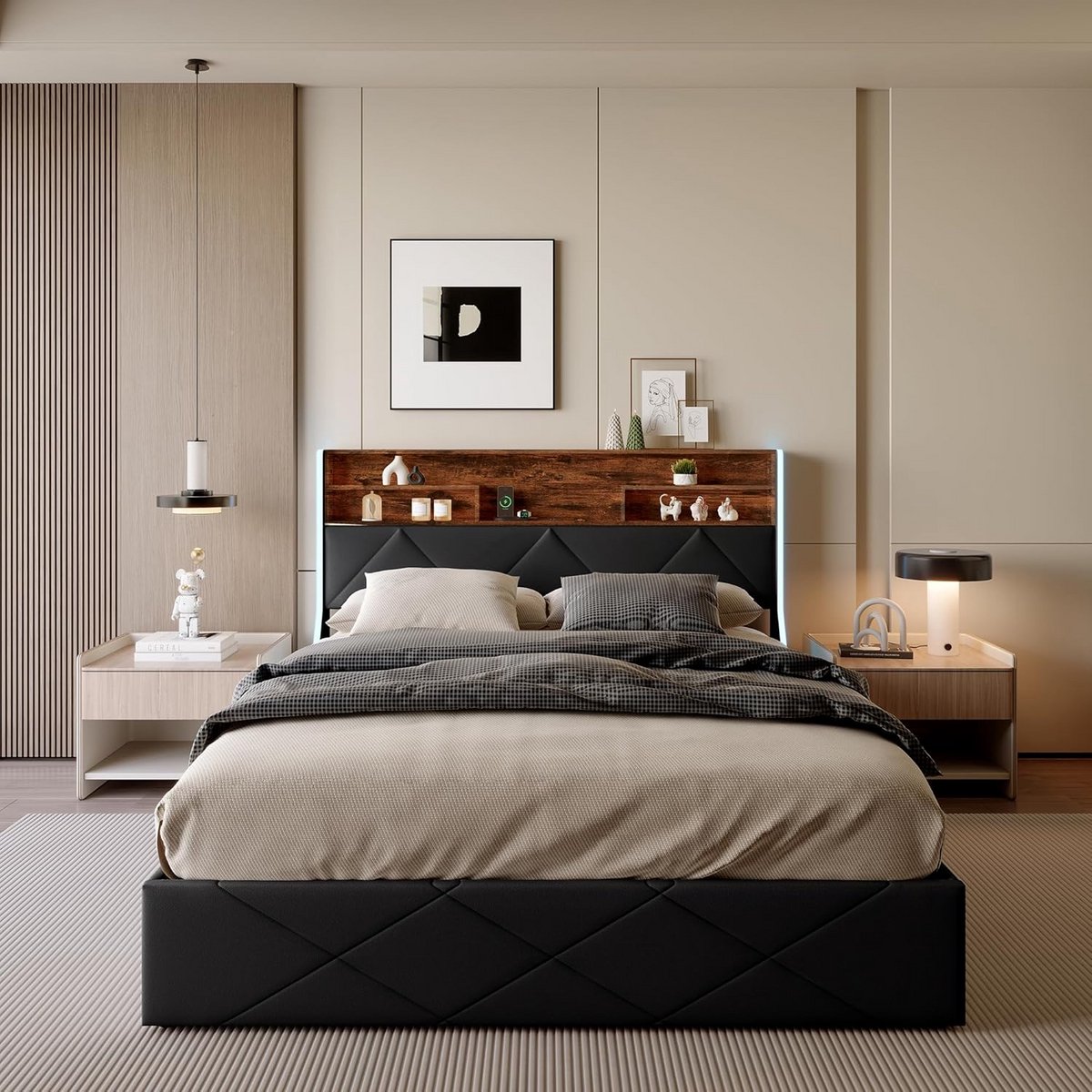 Tweepersoons Opbergbed 140x200 met LED Verlichting en USB Oplaadpoort | Gestoffeerd Lattenbodem Bedframe
