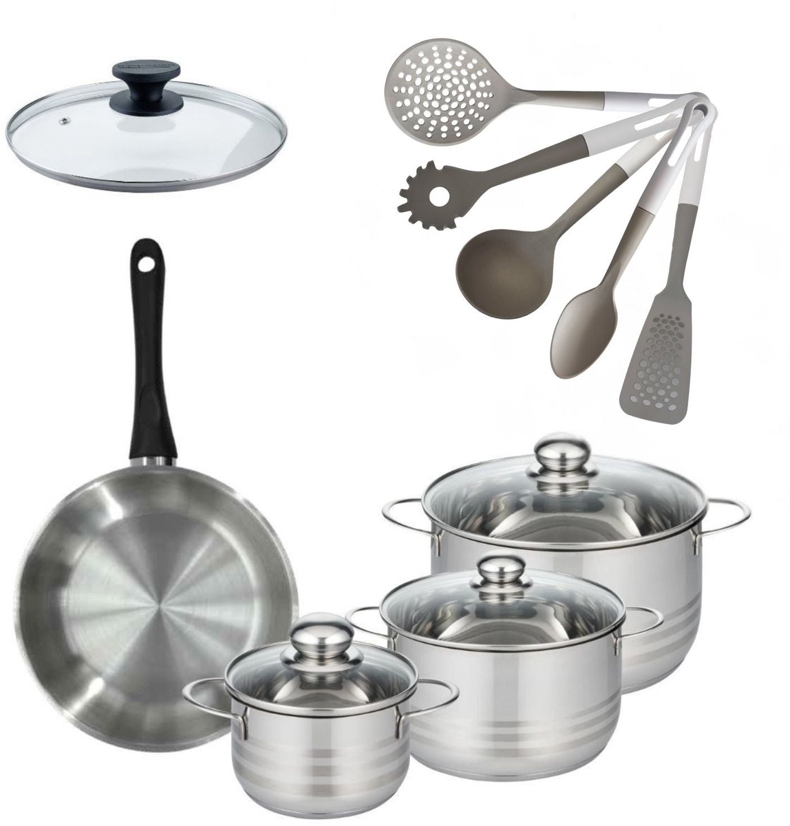 Set 1 Koekenpan 24cm en 3 Kookpannen 16/20/24cm Fackelmann Genève met 5 keukengerei