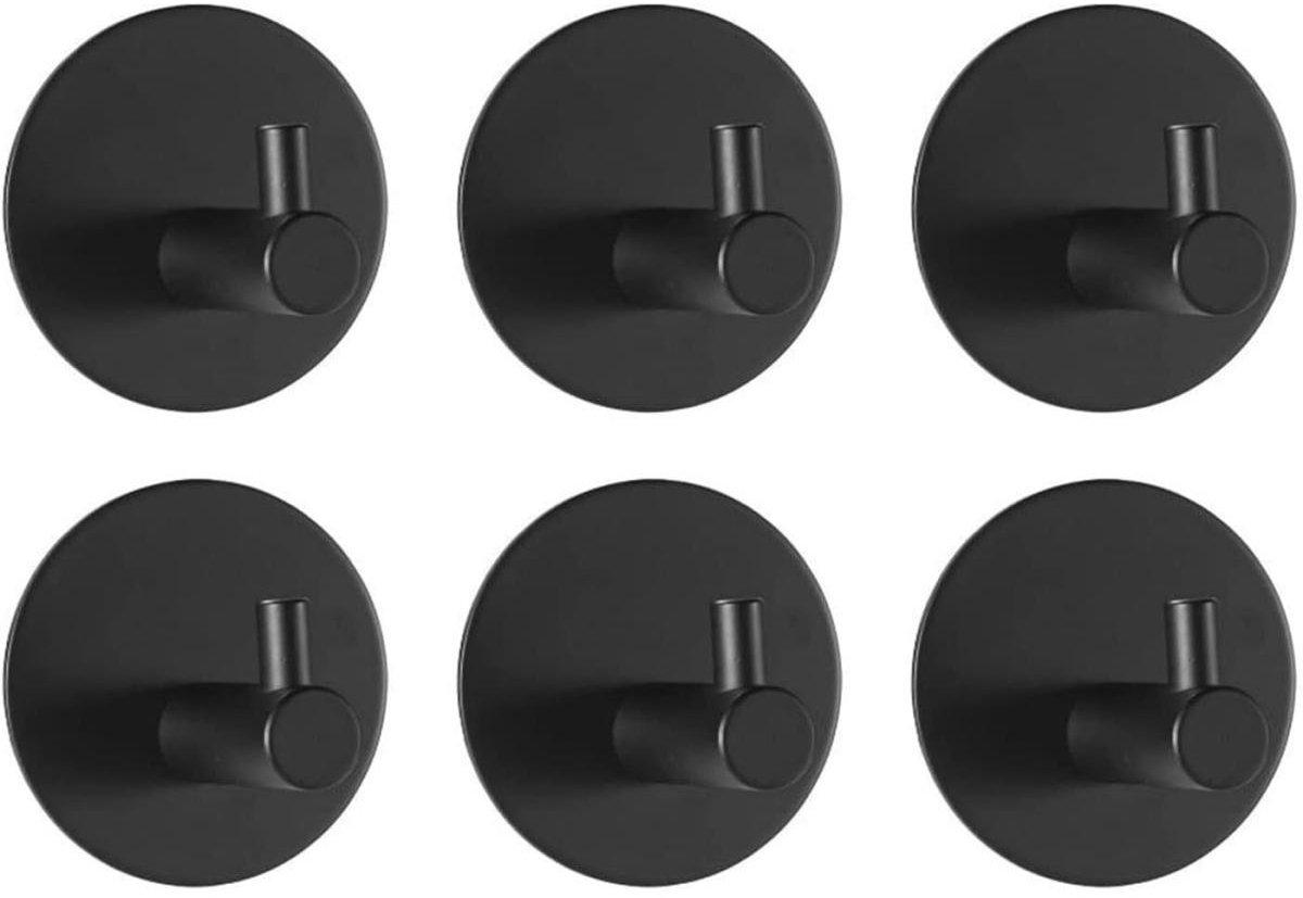 GELLDG Haken - Zwarte zelfklevende haken - Handdoekhaken zonder boren - Zelfklevende roestvrijstalen haken - Zelfklevend handdoekrek voor wandmontage - Geschikt voor badkamers, toiletten en keukens - Zwart - 6 stuks