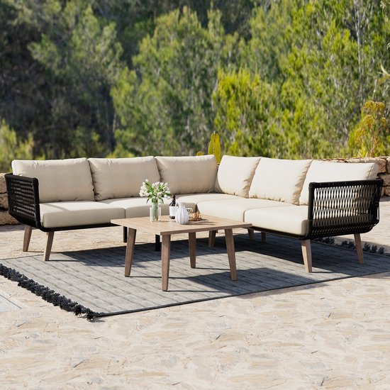Tuinmeubelset, Bank + Salontafel, gegalvaniseerd stalen buisframe, Olefine, Tafelblad in houtnerf kleur, gevlochten touwwerk, geschikt voor de tuin, Beige + Zwart
