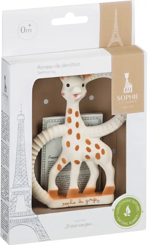 Witte Sophie de Giraf bijtring met bruine stippen, in een geschenkverpakking met Eiffeltorenprint. Vanaf 0m.