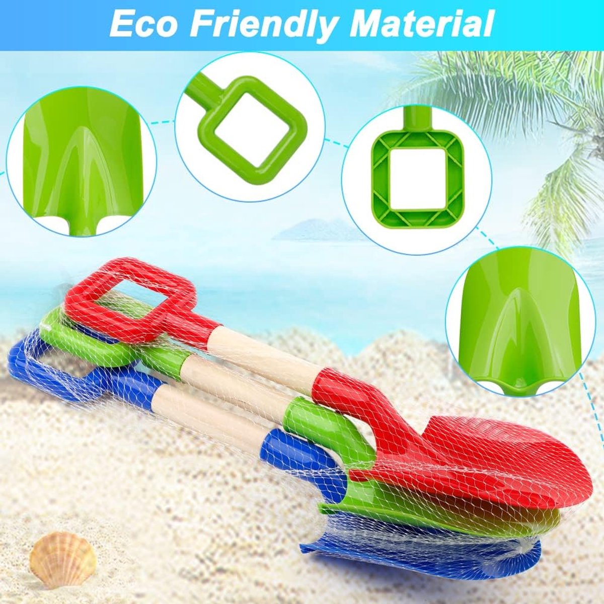 Stunq® Strand schoppen voor Kinderen – 40 cm schop Zandschoppen met Houten Handgreep – Duurzame Kunststof Schep – Strand-, Zandbak- & Tuinspeelgoed – Set van 3 kleuren Rood Blauw Groen
