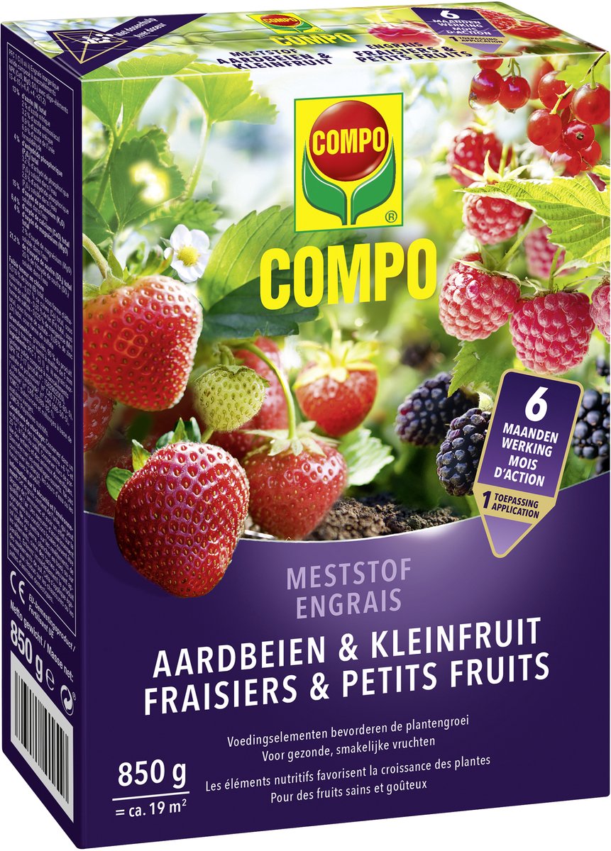 COMPO Meststof Aardbeien & Kleinfruit - directe en lange werking 6 maanden - voor een rijke en smakelijke - doos 850 g