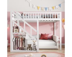 Wit Massief Houten Hoogslaper met Opbergtrap – Veilig Loftbed voor Kinderen & Tieners – 90x200 / 140x200 cm