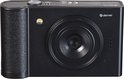 Voorkant van een zwarte Denver digitale camera met lens, flitser en 'denver' logo. Zijkant met gestructureerd handvat.