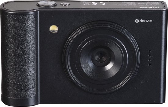 Voorkant van een zwarte Denver digitale camera met lens, flitser en 'denver' logo. Zijkant met gestructureerd handvat.