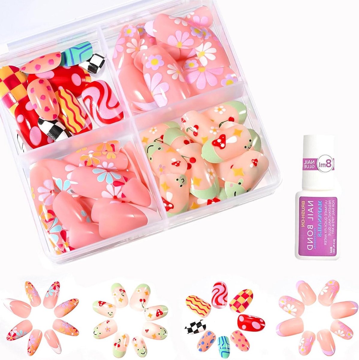 Kunstnagels voor Kinderen in Schattige Bloemen Kersen Design – Set van 96 stuks