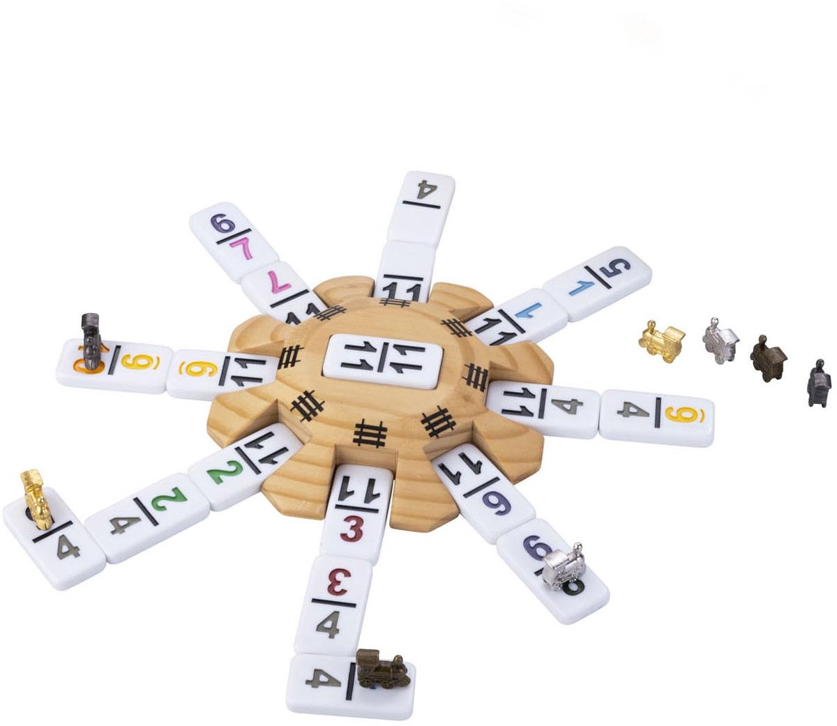 Domino Mexican Train Accessoires Set - 8 Metalen Treintjes - Houten Station - Scoreblok - Engelhart