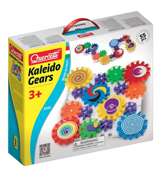 Doos Quercetti Kaleido Gears, met 55 kleurrijke tandwielen, 'MADE IN ITALY' en leeftijd '3+'.
