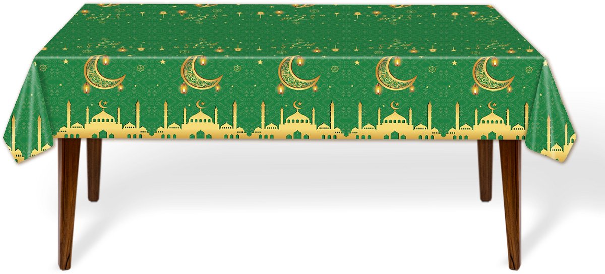 BTH - Eid Mubarak Tafelkleed - Decoratie - Ramadan - Tafellaken - Groen & Goud - Feest Versiering - 137*274 Cm