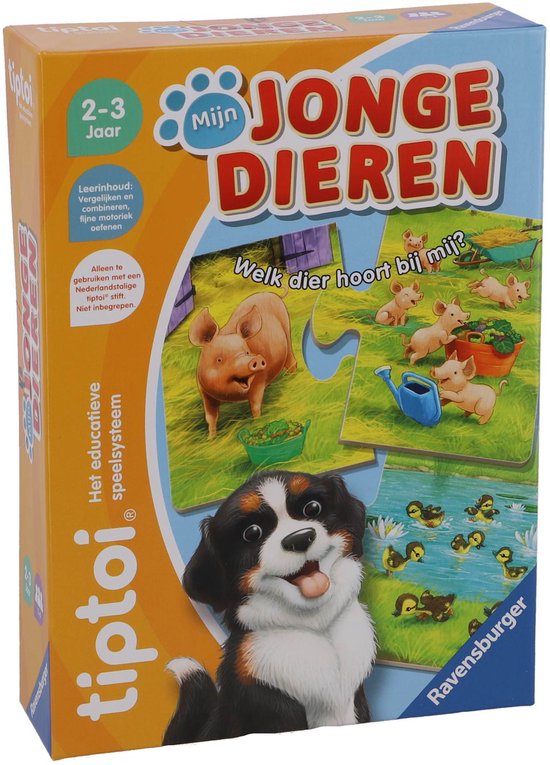 Doos van het spel 'Mijn Jonge Dieren' met een hond, varkens en eenden. Nederlandse tekst.