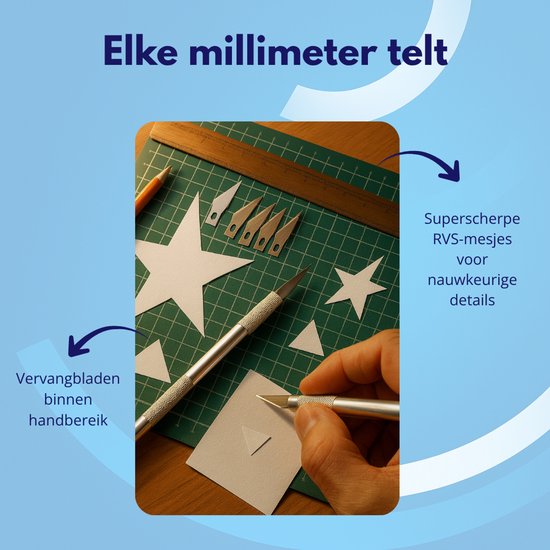 Hand die een ster snijdt met een scalpelmes op een groene snijmat. Inclusief losse mesjes en liniaal.