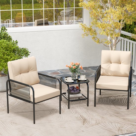 2-Zits Tuinmeubelset Met Geïntegreerde Tafel Rotan Terrasbank Met Gehard Glazen Blad En Zachte Kussens 62 X 124 X 84 Cm 2-Zits Tuinmeubelset Met Geïntegreerde Tafel Rotan Terrasbank Met Gehard Glazen Blad En Zachte Kussens 62 X 124 X 84 Cm