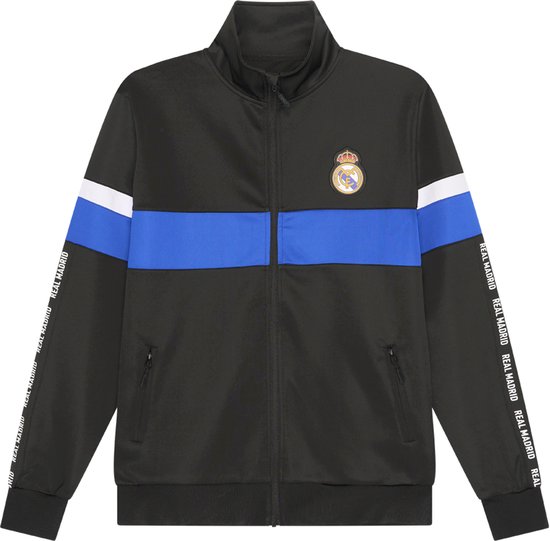Zwart trainingsjack met blauwe en witte strepen op de mouwen, Real Madrid logo op de borst.