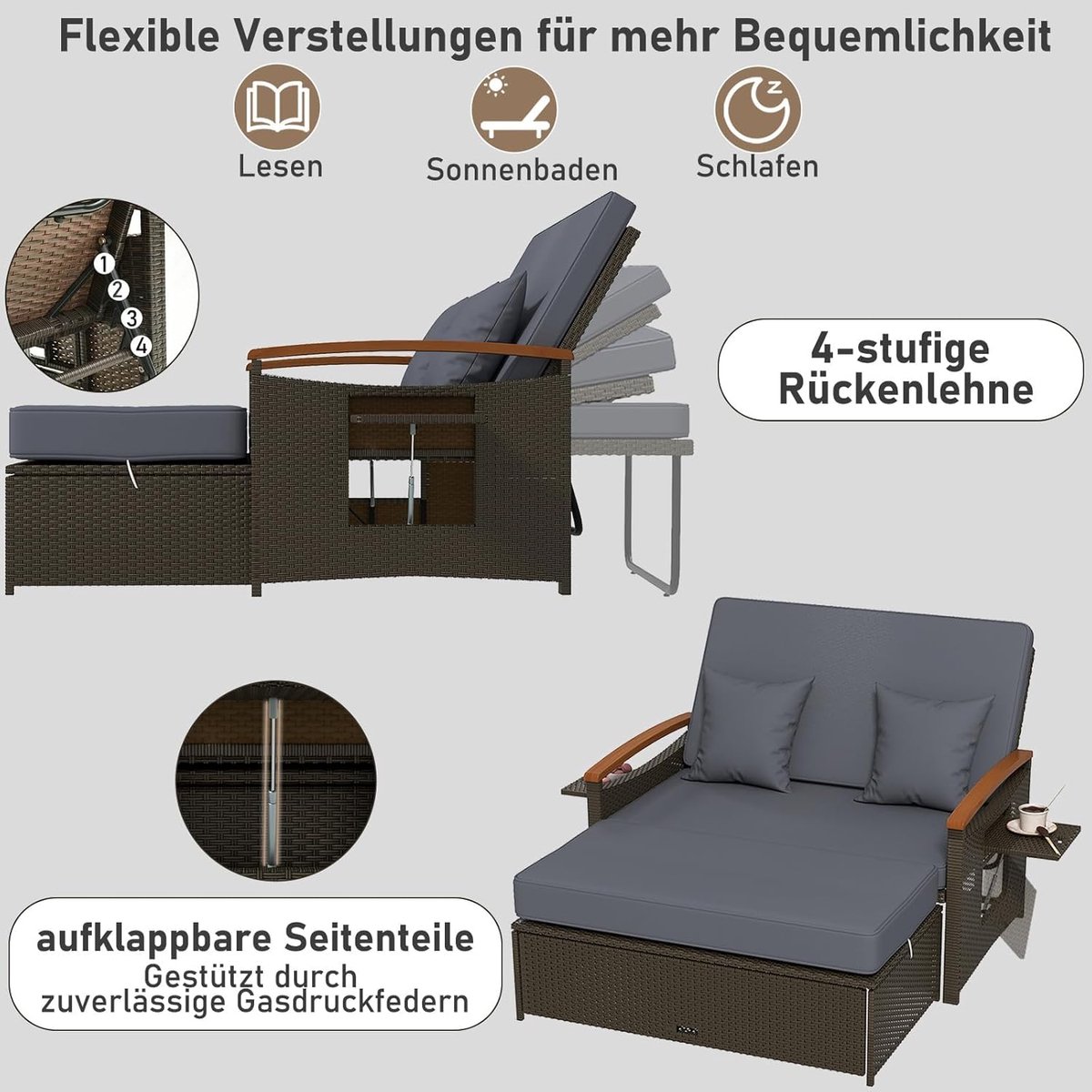 3-in-1 Luxe Polyrattan Ligbed & - Grijs - Ligbed & Loungeset – Verstelbare - Medahomestore