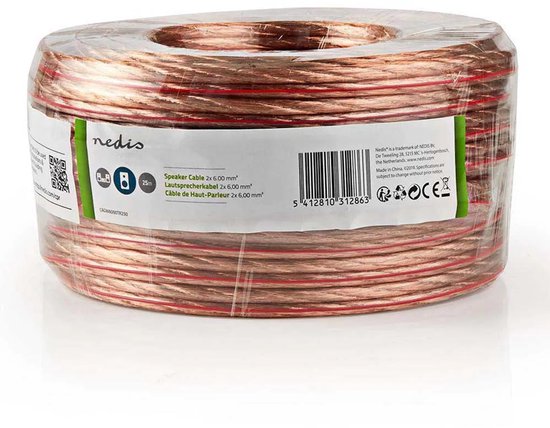 Rol transparante luidsprekerkabel met rode strepen, verpakt in plastic folie met Nedis-label.