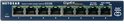 Netgear ProSafe GS108 8-poorts Gigabit Switch met een blauw frontpaneel, 8 ethernetpoorten en statuslampjes.