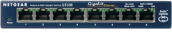Netgear ProSafe GS108 8-poorts Gigabit Switch met een blauw frontpaneel, 8 ethernetpoorten en statuslampjes.