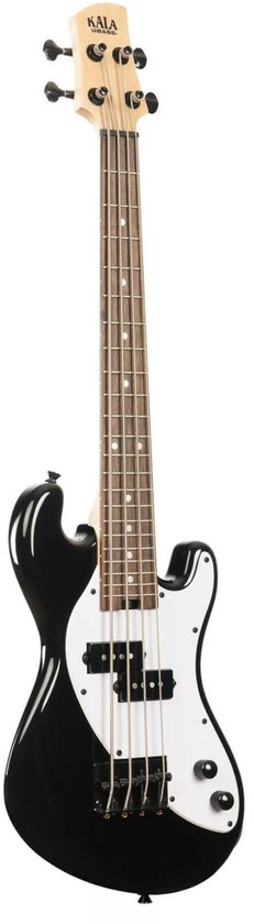 Kala U-Bass elektrische basgitaar, zwart met witte slagplaat en vier snaren.