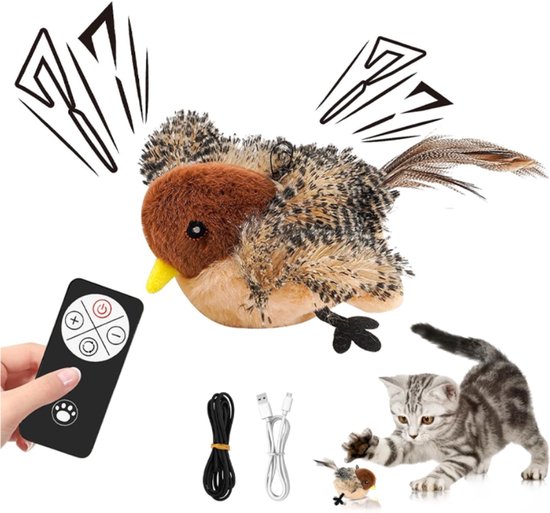 Oplaadbare Interactieve Vogel - Interactief Katten Speelgoed - Mussen Geluid Speeltje met Fladderende Vleugels - USB Oplaadbaar - met Afstandsbediening - Vliegend Vogelspeelgoed voor Katten