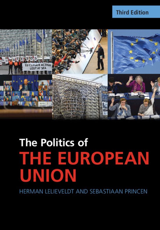 Couverture du livre "The Politics of The European Union", troisième édition, avec un collage d'images du Parlement européen et de manifestations.