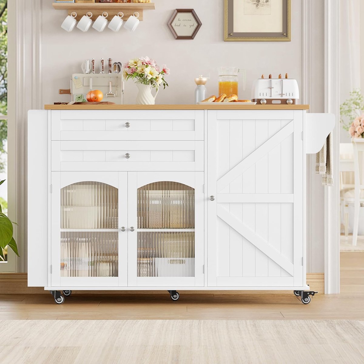 Keukeneiland met Inklapbaar Werkblad en - 5x40 cm - Wit - Wieltjes – Altameubel Multifunctionele Keukentrolley - Medahomestore