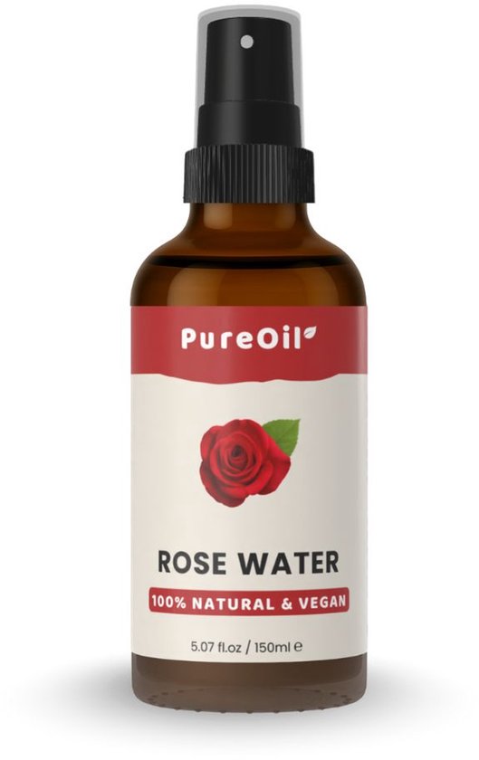 Bruine sprayfles met wit en rood etiket, met een rode roos erop. Tekst: Rose Water, 100% Natural & Vegan.