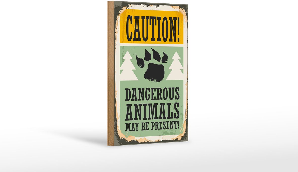 Holzschild Retro 12x18cm Caution dangerous animals
