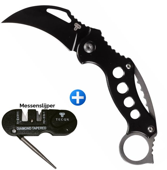 TECQX Inklapbare Mini Karambit - Zakmes - Survival mes - Counter Strike - Inclusief messenslijper - Kamperen - Scouting mes - Zwart