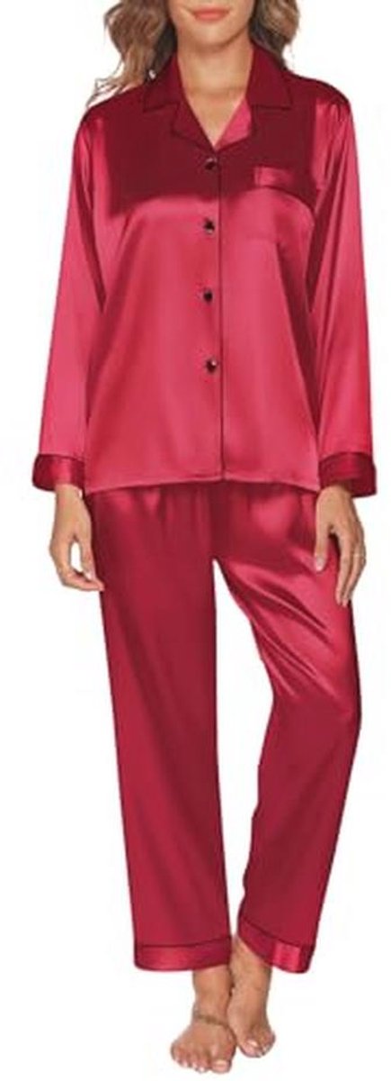 Damespyjama 2-delige set, satijnen pyjama met lange mouwen, zijden loungewear voor alle seizoenen