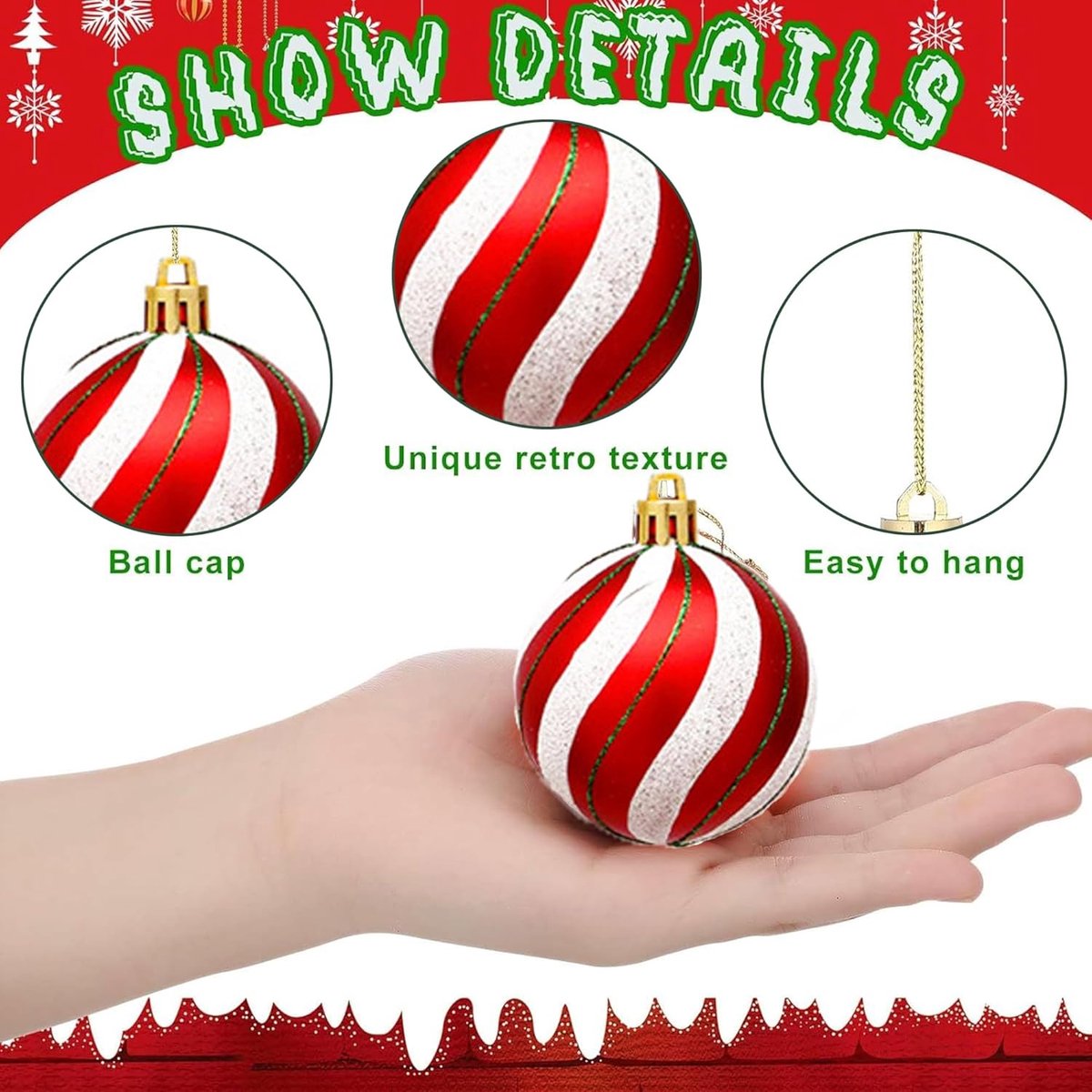 Kerstballen - 30 stuks onbreekbare kerstballen - 6 cm - plastic rode, groene en witte elf glinsterende kerstversieringen - geschikt voor kerstboomversieringen, feestdagen en huisdecoratie – foto 2