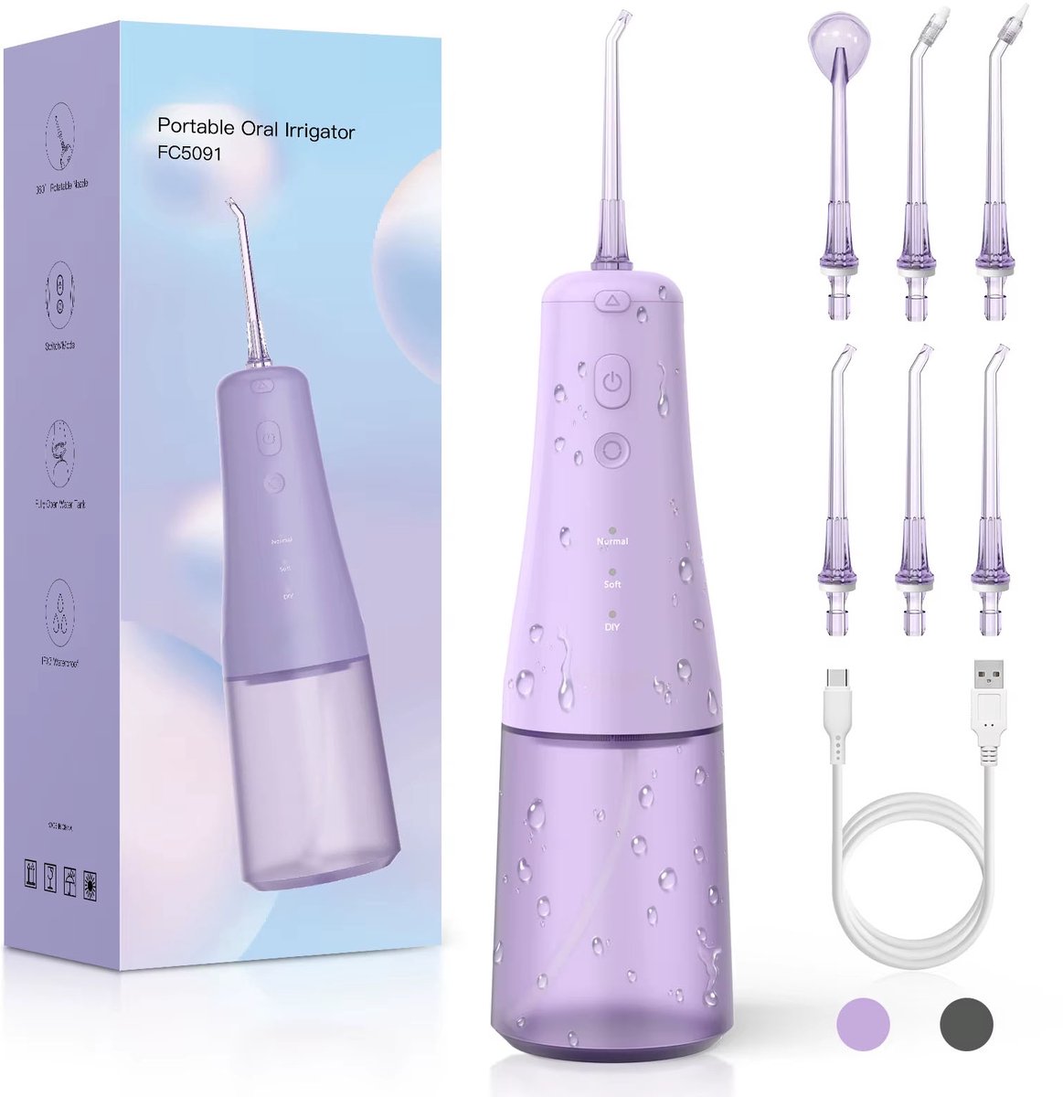 Draadloze Waterflosser – Oplaadbare Monddouche voor Tanden en Tandvlees met 6 Straaltips, IPX7 Waterdicht, 6 Modi, Ideaal voor Reizen en Thuisgebruik - PAARS