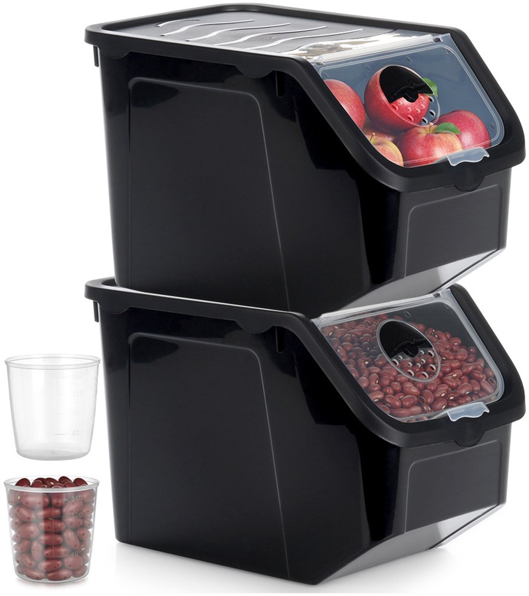 Doos voor Groenten en Fruit met Deksel Zwart 12 l 2 stuks - Aardappelbak - Aardappelpot - Bewaardoos - Container - Koelkast Organizer - Opbergbox - Fruitkist