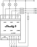 Schema van de Shelly Pro 3 met 3 lampen, 3 zekeringen en connectoren.